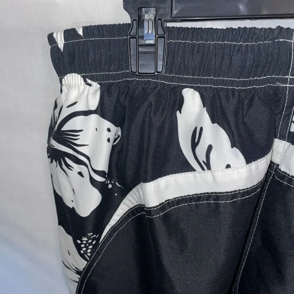 R S Surf Swim Trunks Men’s Size Large Black White Drawstring Inseam 9 Rise 12